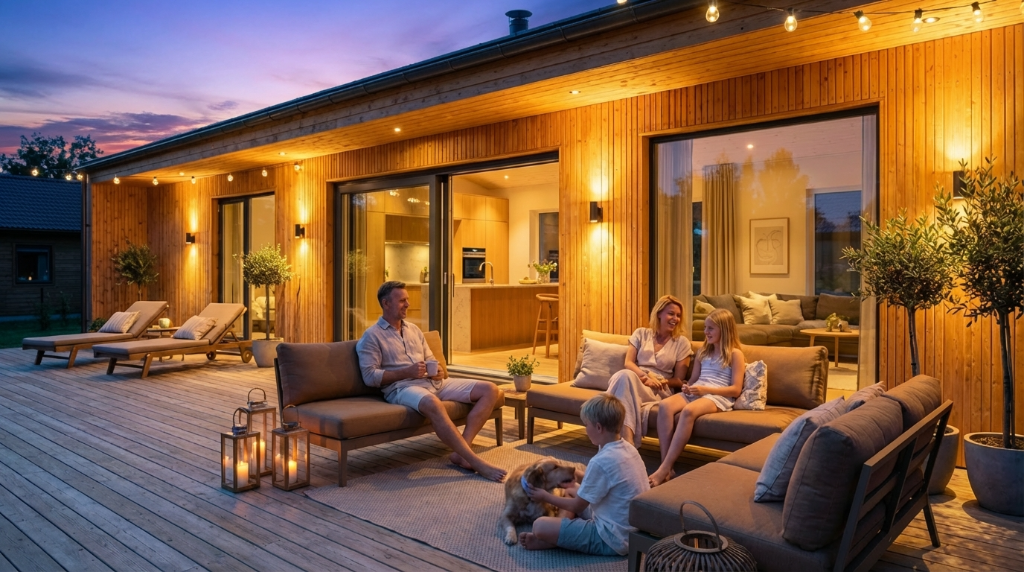 Familie genießt den Abend auf der Terrasse ihres Holzhauses
